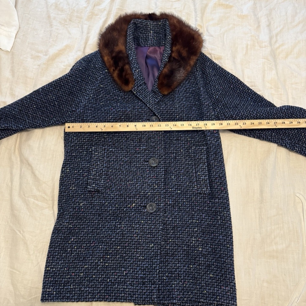 VTG 60's Britainaire Women's Blue Woven Wool Coat Mink‎ Collar Union Made Large - Picture 3 of 6